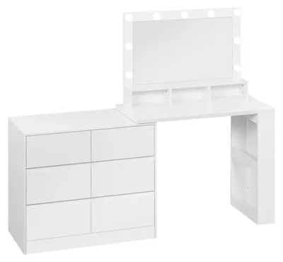 Produktbild von Schminktisch - Frisiertisch mit LED-Spiegel - 6 Schubladen - USB-Beleuchtung - Inklusive Hocker - 160 x 40 x 134,5 cm - Weiß