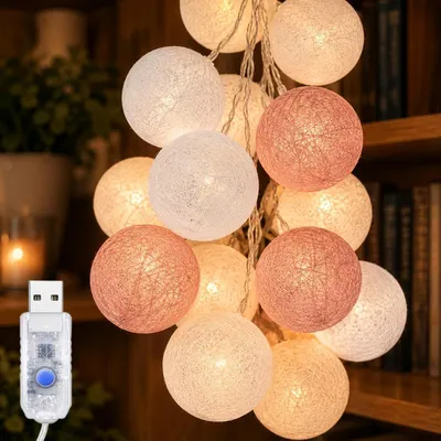Produktbild von USB-Lichterkette – Baumwollkugeln mit Timer – 3 Meter – 20 LED-Kugeln – Lichterkette mit Stecker – Lichterkette für den Innenbereich