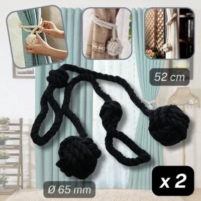 Zdjęcie produktu dla Zestaw 2 sztuk uchwytów do zasłon Unyqoos® – bawełniane taśmy do zasłon, 52 cm, plecione taśmy do zawiązywania, czarne, montaż bez wiercenia