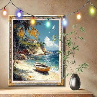 Imagen del producto de Kit de pintura con diamantes 5D para adultos, tamaño grande (90x120 cm), diseño de costa y barco. Ideal para niños, para proyectos de manualidades DIY, bordado con diamantes, decoración de paredes, regalos. Modelo 57F-6478