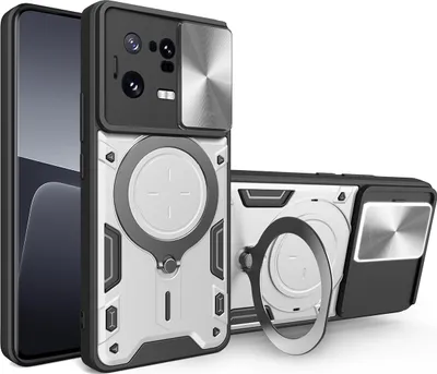 Immagine prodotto di Custodia per Xiaomi 13 Pro Custodia resistente a doppio strato con copertura della fotocamera e supporto ad anello Argento