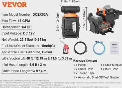 Productafbeelding van Brandstofoverdrachtspomp, maximale capaciteit 15 gallon per minuut, 1/4 pk motor, draagbaar 15 GPM-systeem