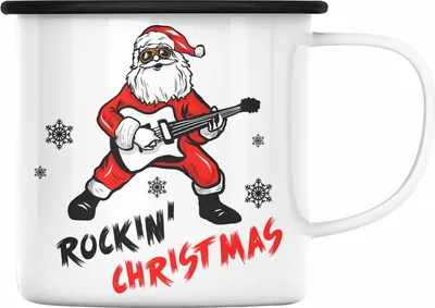 Produktbild von Trendation -  Rockin Christmas Emaille Tasse Weihnachten WeihnachtsEmaille Tasse Rock N Roll Heavy Metal Geschenk Geschenkidee Metal Fans Rockmusik Emaille Emaille Tasse (Schwarz)