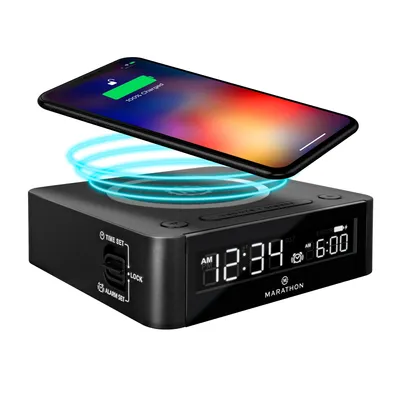 Produktbild von Marathon Kompakter QI Wecker mit 10W Ladefunktion und USB-Anschluss