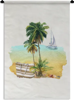 Produktbild von MuchoWow® Wandteppich Wandbehang Strand - Palme - Boot - Aquarell 120x180 cm Tapisserie Dekoration Wandtuch - Schlafzimmer - Dekorationen für das Haus