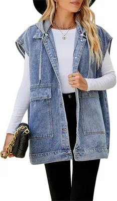 Obrázek produktu pro ASKSA Dámská džínová vesta s kapucí a rukávy, ležérní elegantní džínová bunda, B Denim, XL