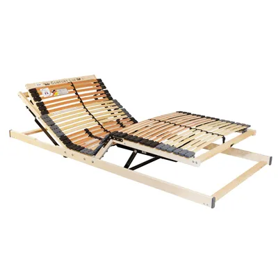 An adjustable wooden bed frame with slats, shown on a white background.