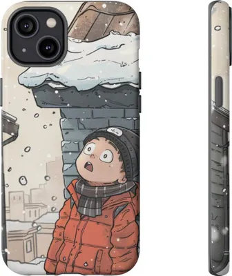 Produktbild von Winterlicher Chibi-Junge im orangefarbenen Parka blickt zum verschneiten Dach – Hülle Kompatibel mit iPhone 14 Plus
