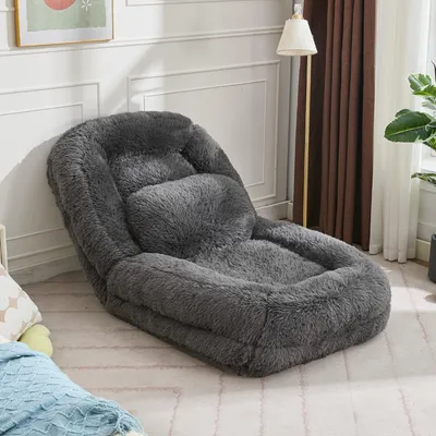 Image de okwish Chaise longue canapé au sol fauteuil relax 1 place réglable en 5 positions fonction pliable surface couchage tissu peluche gris foncé