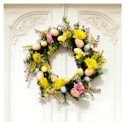 Produktbild von 40 cm Osterkranz für die Haustür mit künstlichen Ostereiern und Frühlingsblumen