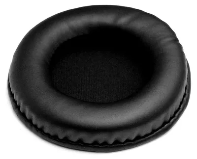 A close-up studio shot of a black headphone earpad.