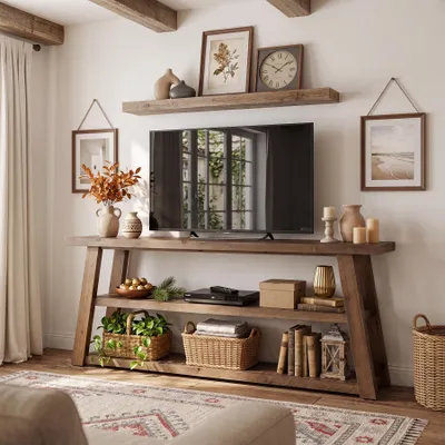 Produktbild von Wanbor TV Lowboard 160 cm aus Massivholz für Fernseher bis 70 Zoll, TV Schrank im Landhausstil mit 3 Offenen Ablage für Wohnzimmer