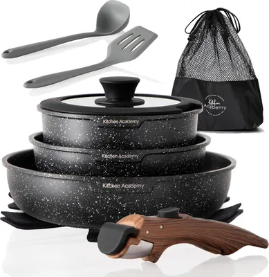 Image de Kitchen Academy Set de casseroles 10 pcs. Poignée amovible pour tous les types de feux, casseroles à induction anti-adhésives, empilables, poêles de camping