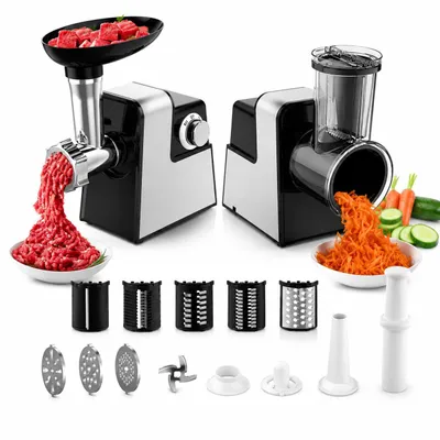 Produktbild von 2800W Elektrischer Fleischwolf, Käsereibe,Gemüseschneider mit 5 Scheibenklingen,3 Mahlplatten,Wurstfüller&Kubbe-Kit,für den Heimküchengebrauch, Silber