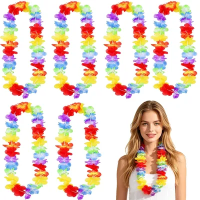 6er Set Hawaii Blumenketten, 100 cm, bunt, tropisch