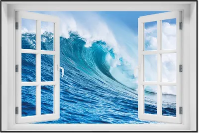 Produktbild von Wallario Wandbild mit Fenster-Illusion: Eindrucksvolle Welle im Ozean, Größe: 61 x 91,5 cm, Poster mit schwarzem Aluminiumrahmen