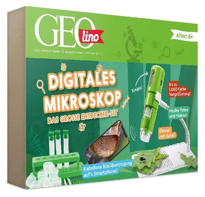 Produktbild von FRANZIS 67184 - GEOLINO Digitales Mikroskop, das große Entdecker-Set mit Experimentierideen für drinnen und draußen für Kinder ab 8 Jahren, inkl. 96-seitigem Begleitbuch