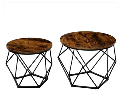 Produktbild von Couchtisch 2er Set – Runde Wohnzimmertische im Industrie-Stil mit Metallgestell und Holzoptik, stapelbare Beistelltische Ø50 & Ø40 cm