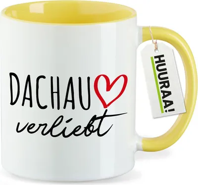 Produktbild von Huuraa Kaffeetasse Dachau verliebt 330ml Gelb Keramik Kaffeebecher Geschenkidee