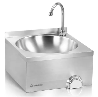 Immagine prodotto di Lavabo in acciaio inox Mahlzeit con comando a ginocchio, lavello gastronomico per montaggio a parete