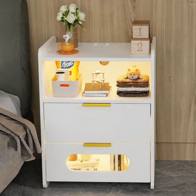 Produktbild von Nachttisch mit Steckdose & USB, 2 Led Licht mit 2 Schubladen, Offenes Fach, Beistelltisch mit Ladestation, Nachtschrank Weiß