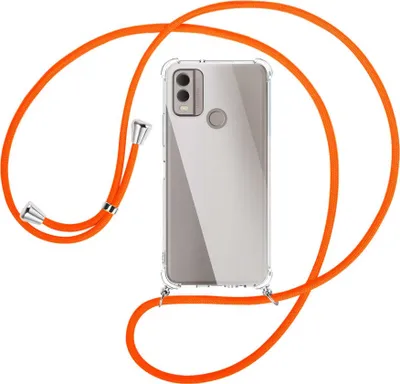 Produktbild von Handykette Backcover-Schutzhülle mit Band (Metall silberfarben) für Nokia C22 4G (6.5'') - neonorange