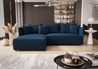 Produktbild von CORNERO Ecksofa mit Schlaffunktion und Bettkasten SEATTLE in L-Form Couch mit Schlaffunktion und Stauraum Sofa in L-Form Dunkelblau Ottomane links