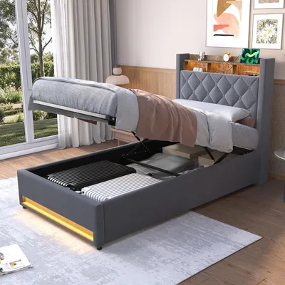 Image de MODFU Lit boxspring 90×190 avec coffre de rangement, lit rembourré avec LED et port USB, tête de lit avec rangement, sans matelas, gris