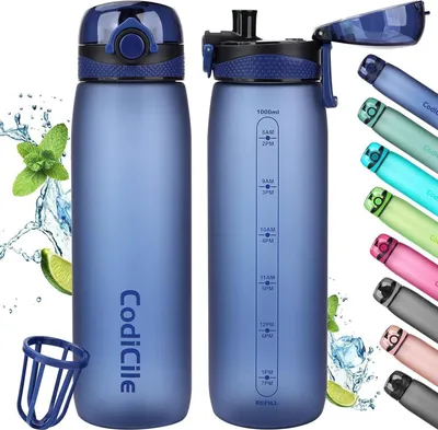 Immagine prodotto di Bottiglia da 1 litro senza BPA con filtro, a prova di perdite, bottiglia sportiva per il fitness, blu
