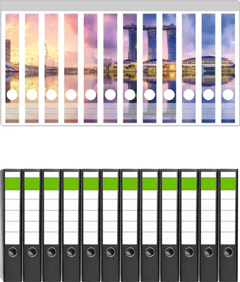 Produktbild von Wallario 12 Stück schmale Ordner inkl. Klebeetiketten mit Motive Abenddämmerung in Singapur -  Set mit Rückenschildern / Ordnerrücken Stickern