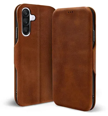A brown leather flip case for a smartphone, shown from the front and side.