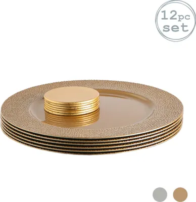 Produktbild von Argon Ta 12-teiliges Platzteller- und Untersetzer-Set – gehämmerter Rand – 33 cm – gehämmertes Gold