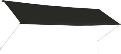 A black retractable awning is extended and supported by two white poles against a white background.