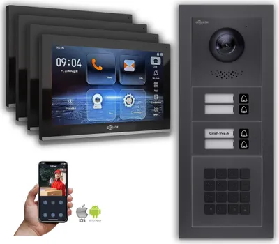 Produktbild von Goliath IP Video Türsprechanlage: 10-Zoll 4 Familienhaus, Zahlencode, Anthrazit : 10 Zoll Schwarz : Aufputz Dose Monitor Farbe: 10 Zoll Schwarz Montage: Aufputz Dose