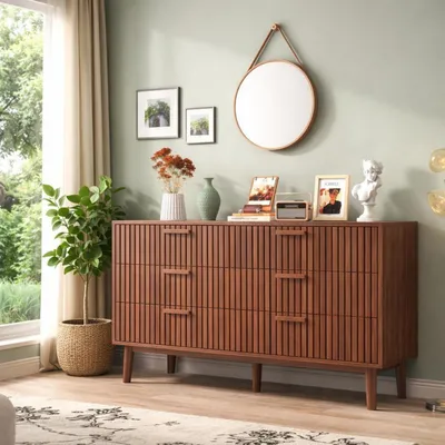 Immagine prodotto di Comodino con 6 cassetti, aspetto legno, finitura color noce, dotato di sistema di sicurezza anticaduta