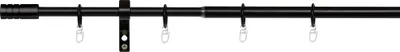 A black curtain rod with rings and clips, shown horizontally against a white background.