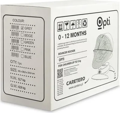 A white cardboard box for a baby bouncer rocker, showing product details and branding.