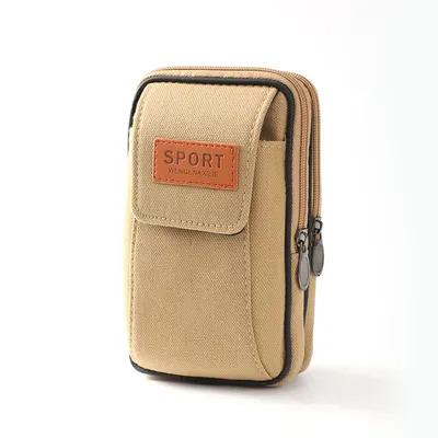 Imagen del producto de Riñonera multifuncional de lona para hombre: un práctico accesorio que sirve como soporte para el teléfono móvil, riñonera y mini bolso, en color caqui