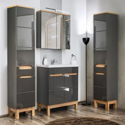 Produktbild von Badmöbel Set mit 60cm Waschtisch & Spiegelschrank SOLNA-56 in Hochglanz grau mit Eiche, B/H/T ca.: 160/200/46 cm