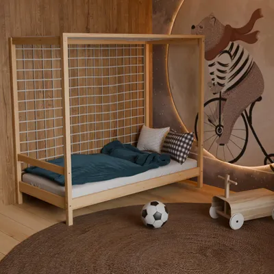Produktbild von HAGO24 Kinderbett Fußballtor Natur Jugendbett Einzelbett Holz 80x160cm Kiefer Lattenrost Netz Spielbett Torrahmen