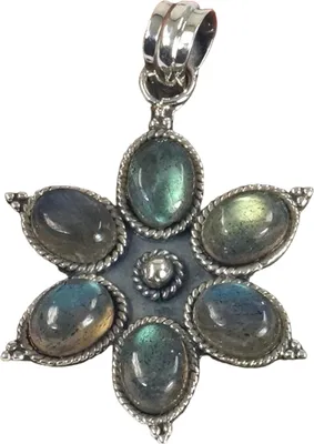 Produktbild von Ethno Blüten Silberanhänge, Indischer Boho Kettenanhänger - Labradorit, Silber-Farben, SterlingSilber, Anhänger & Amulette aus Silber