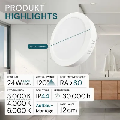 Produktbild von LUXULA LED Deckenleuchte 24 W 3000 K, 4000 K, 6000 K einstellbar in warm-, neutral- und kaltweiß (CCT) weiß IP44