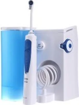 A white and blue oral irrigator with a blue water reservoir.