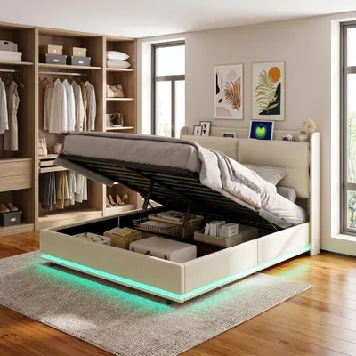 Produktbild von INONEFT Boxspringbett Polsterbett 140x200cm mit LED und USB,Hydraulisches Stauraumbett mit Bettkasten,Bettgestell mit Lattenrost/Stauraum, Samt, Beige