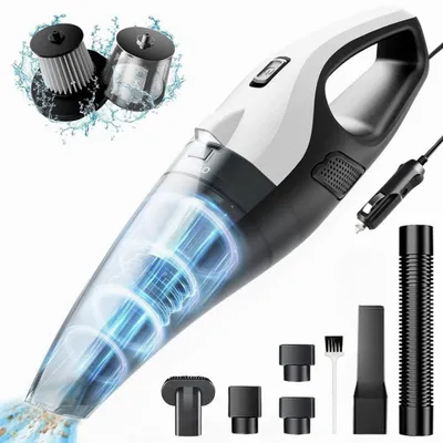 A handheld vacuum cleaner with various attachments and accessories, presented in a marketing-style image with illustrative elements.