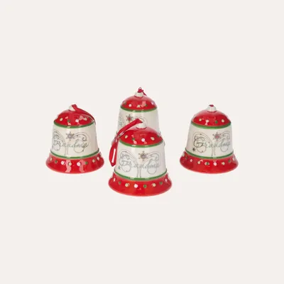 Zdjęcie produktu dla KEYHOMESTORE | Zestaw 4 czerwonych ceramicznych świątecznych dzwonków