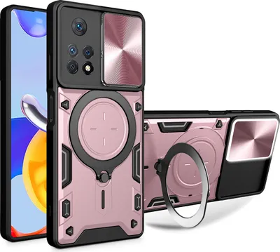 Produktbild von Handyhülle für Xiaomi Redmi Note 11 Pro 5G/4G Dual-Layer Stoßfest Rüstung Hülle mit Dia Kameraschutz und Kreisförmig Ring Ständer Roségold