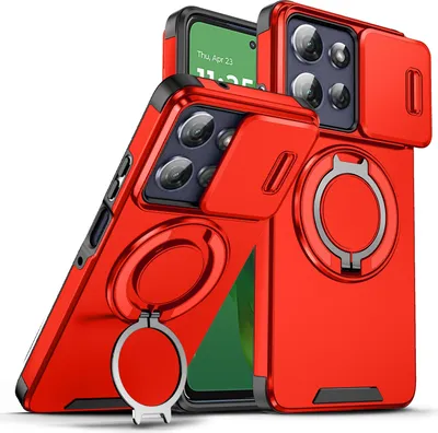 Obrázek produktu pro Dvouvrstvé pouzdro pro Motorola Moto G Power 2025/Moto G Play 2025, s posuvným krytem fotoaparátu a magnetickým kroužkovým stojánkem Červený