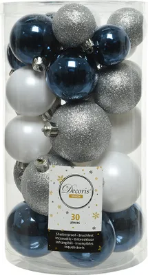 Produktbild von Weihnachtskugeln Kunststoff Mix 4-6cm 30er Set - Blau / Silber / Weiß