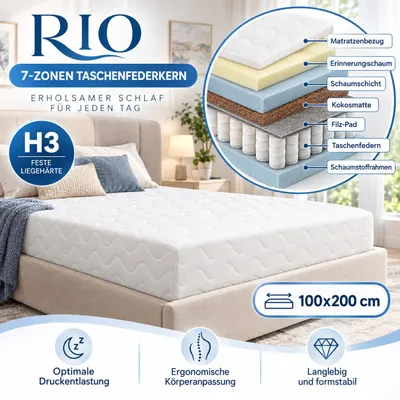 Produktbild von Taschenfederkern Matratze RIO 100x200x21 cm, 7 Zonen, Härtegrad H3, mit Bezug